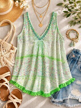 Ruby Yaya Boho Tassel Hem Tank Top Size Small Festival Beachy Hippie
